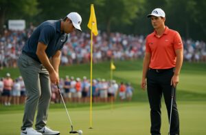 suivez le duel palpitant entre scottie scheffler et viktor hovland ce lundi au travelers championship, une étape clé du pga tour où ils s'affrontent pour remporter le prestigieux titre.
