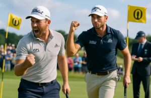lucas herbert et sam burns réalisent un record spectaculaire avec un score de 62 lors de the open, malgré une pénalité de deux coups au golf.