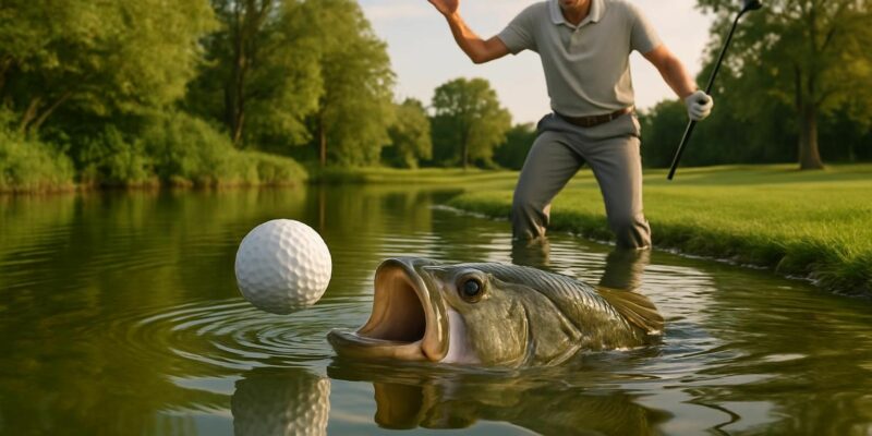 découvrez une vidéo insolite de golf où une balle tombée à l'eau se retrouve miraculeusement dans la bouche d'un poisson, provoquant une pénalité pour le joueur après cet incident surprenant.